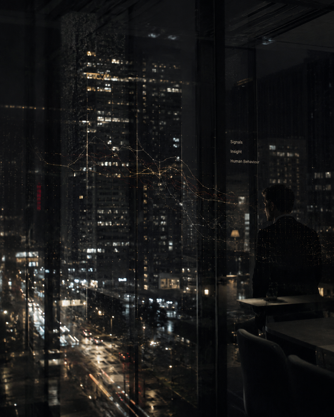 A solitary figure looking over a night city through glass