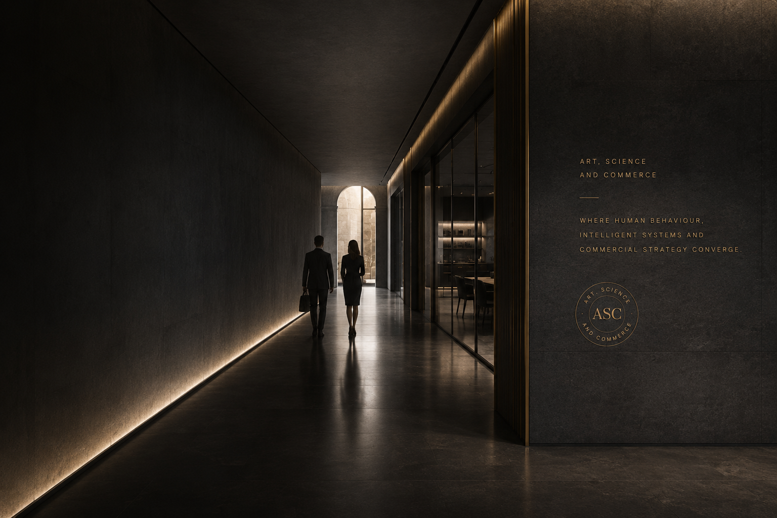 Two figures walking through a dark architectural corridor toward light