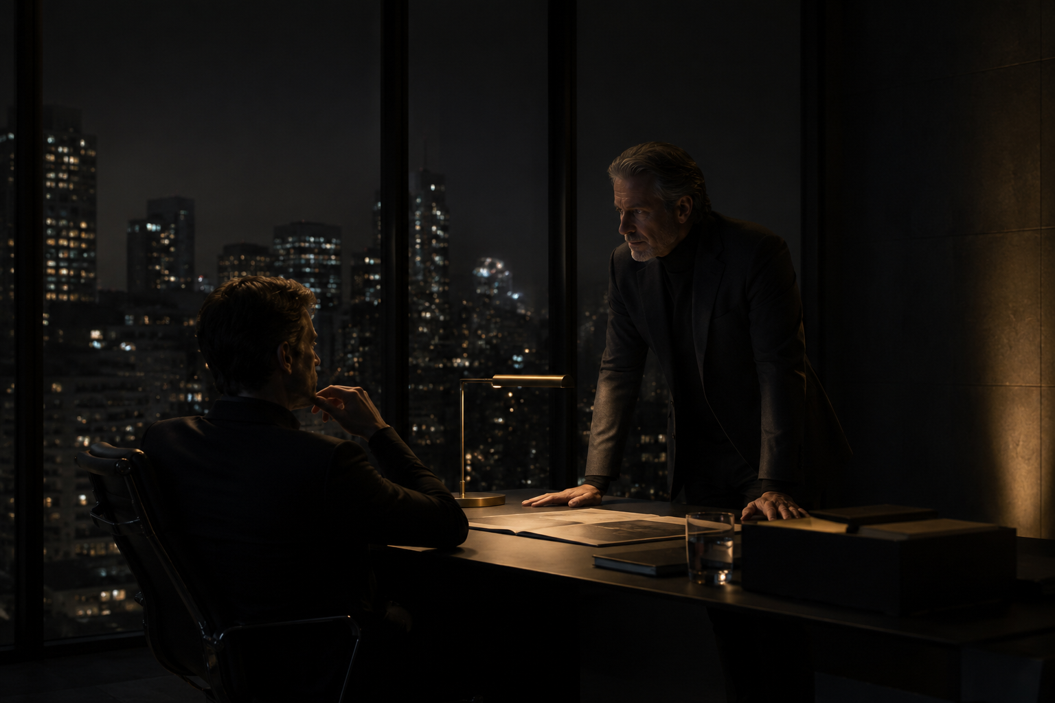 Private strategy meeting in a dark room overlooking a city