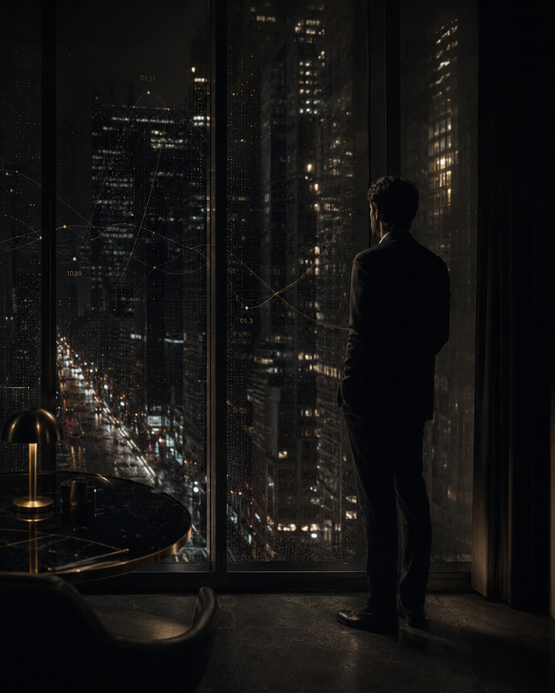 Founder-like figure reading city signals through glass at night