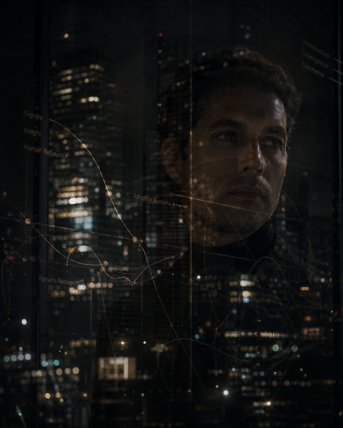 Reflective portrait overlaid with city data and behavioural signals