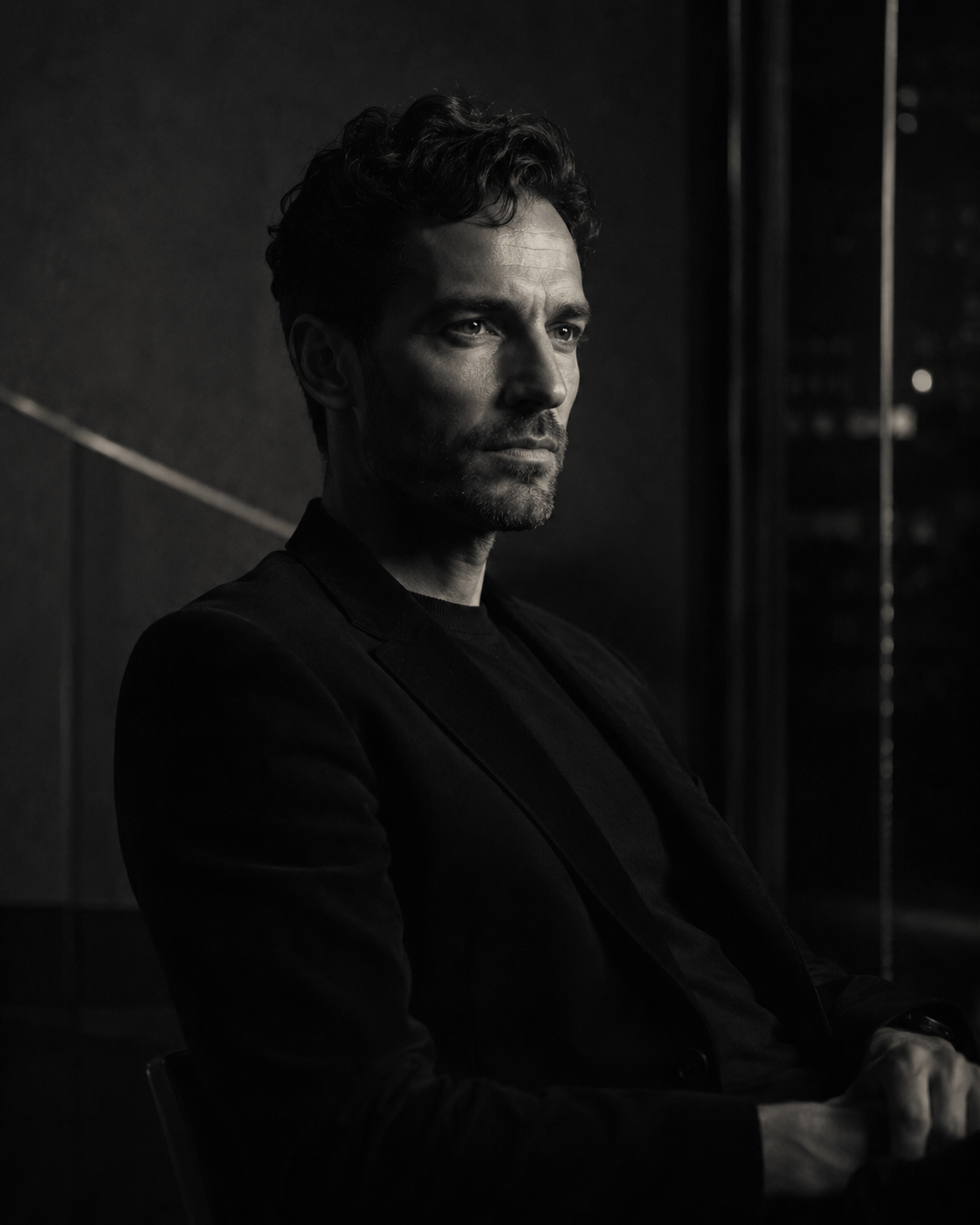 Black-and-white editorial male portrait for the founder section