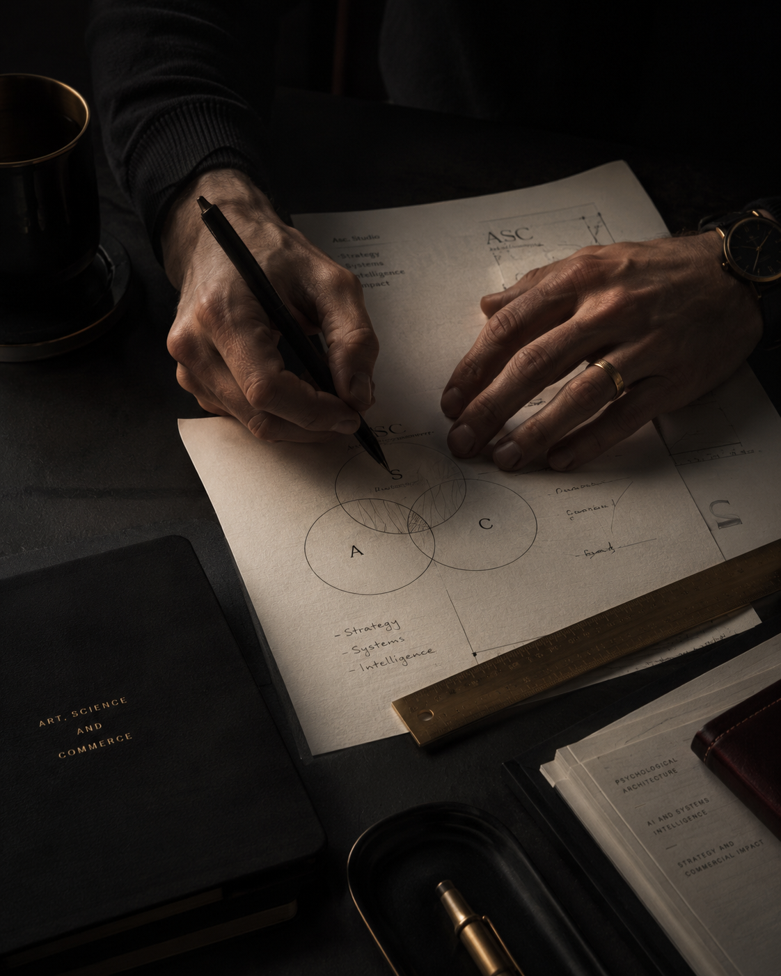 Hands drawing ASC diagrams and strategic notes on paper